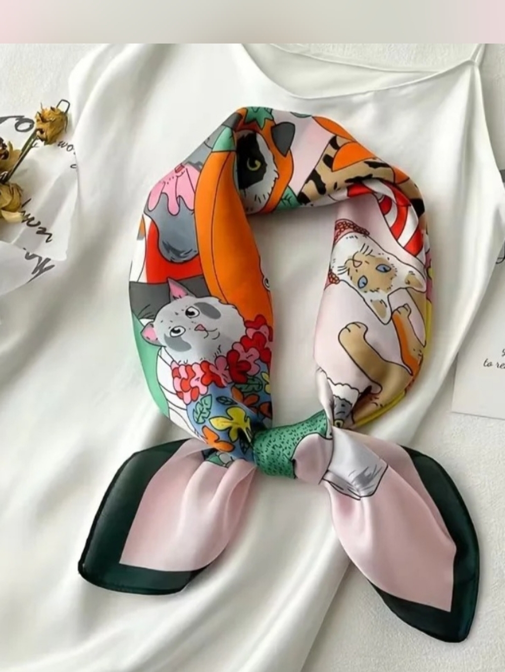 Playful Pink Cat Print Square Scarf with Dark Green Trim - Picture 2 of 4